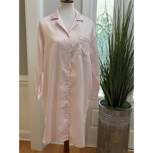 Miss Elaine Other - Miss Elaine Pink Nightshirt  Sz Medium Brushed Back Satin Polka Dot Nightgown